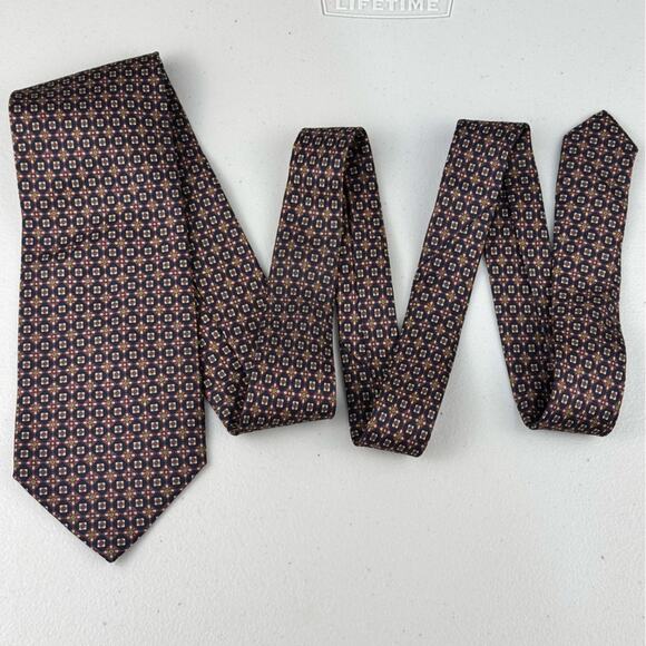 Luciana Florence Italian Brown/Burgundy/Navy Geometric Patterned Men's Silk Tie - Picture 1 of 4
